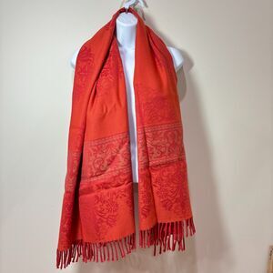 Cecchi e Cecchi Wool Large Scarf Pashmina Wrap Fringe Floral Red Shawl Italy